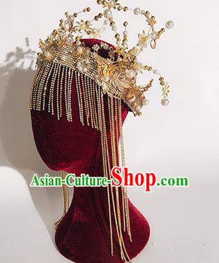 Traditional Chinese Stage Show Tassel Golden Royal Crown Headdress Handmade Catwalks Hair Accessories for Women