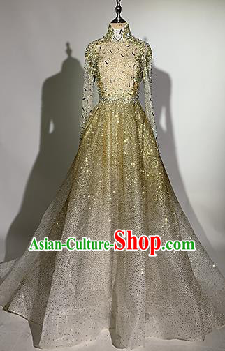 Top Grade Modern Dance Compere Golden Paillette Full Dress Catwalks Costume for Women