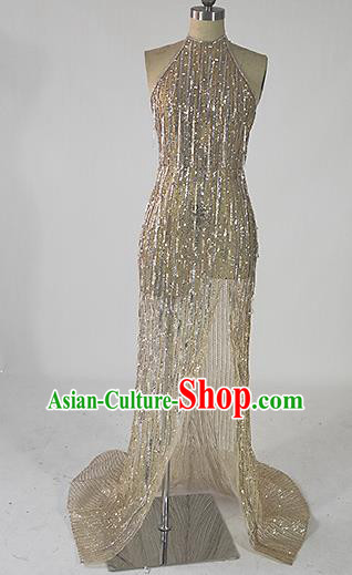 Top Grade Modern Dance Golden Paillette Full Dress Catwalks Compere Costume for Women