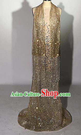 Top Grade Modern Dance Golden Paillette Trailing Full Dress Catwalks Compere Costume for Women