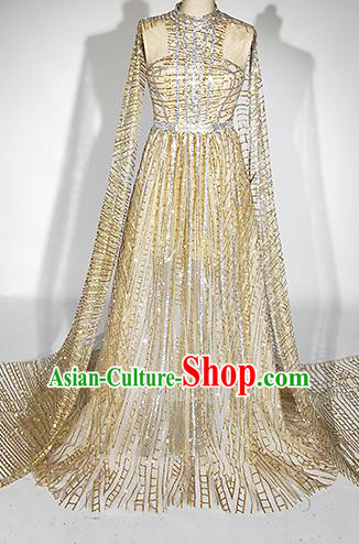 Top Grade Modern Dance Golden Trailing Full Dress Catwalks Compere Costume for Women