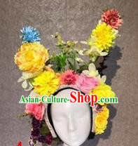 Traditional Chinese Stage Show Yellow Peony Flowers Hair Crown Headdress Handmade Catwalks Hair Accessories for Women