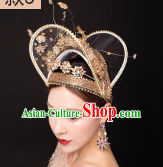 Traditional Chinese Stage Show Golden Hat Headdress Handmade Catwalks Hair Accessories for Women