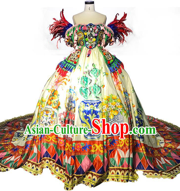 Top Grade Modern Dance Printing Trailing Full Dress Catwalks Compere Costume for Women