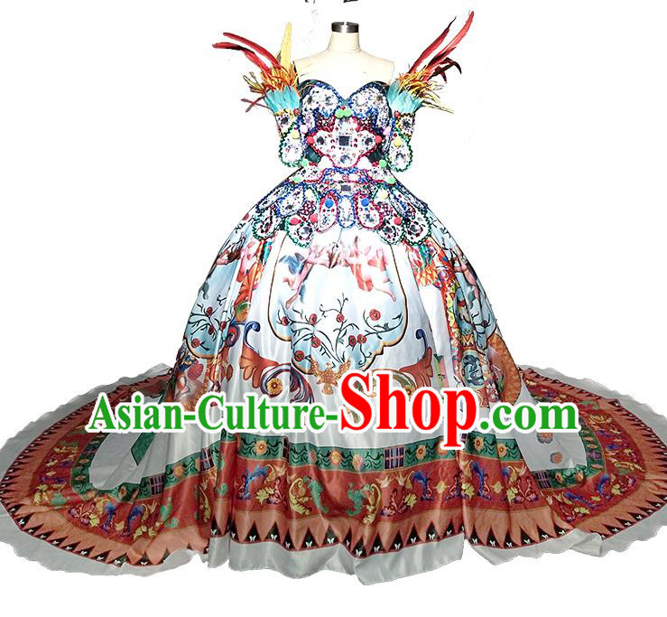 Top Grade Modern Dance Printing White Trailing Full Dress Catwalks Compere Costume for Women