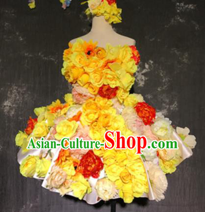Top Grade Modern Dance Fairy Yellow Flowers Short Dress Catwalks Compere Costume for Women