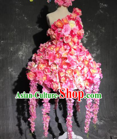 Top Grade Modern Dance Fairy Pink Flowers Short Dress Catwalks Compere Costume for Women