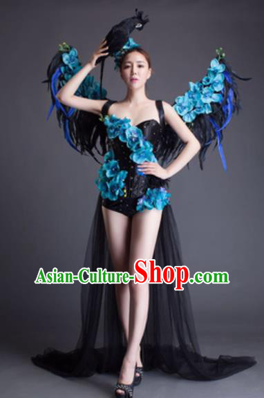 Top Grade Modern Dance Black Feather Wings Dress Catwalks Compere Costume for Women