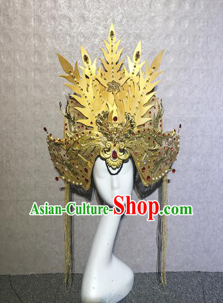 Traditional Chinese Stage Show Golden Hair Crown Headdress Handmade Catwalks Hair Accessories for Women