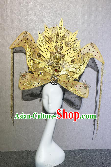 Traditional Chinese Stage Show Golden Phoenix Hair Crown Headdress Handmade Catwalks Hair Accessories for Women