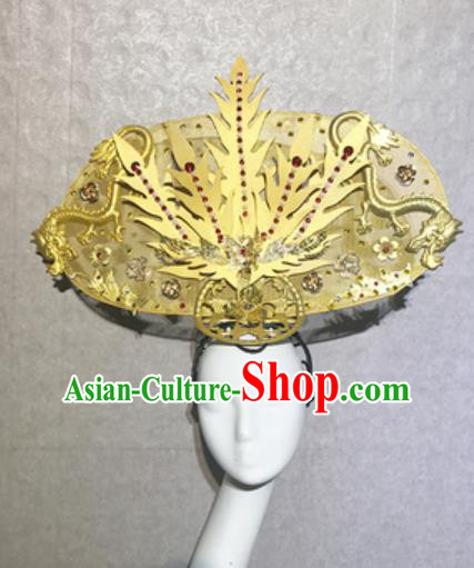 Traditional Chinese Court Stage Show Deluxe Golden Dragon Phoenix Headdress Handmade Catwalks Hair Accessories for Women