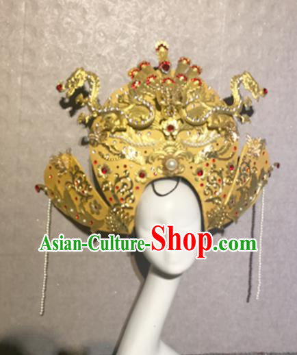 Traditional Chinese Court Stage Show Deluxe Golden Dragon Hat Headdress Handmade Catwalks Hair Accessories for Women