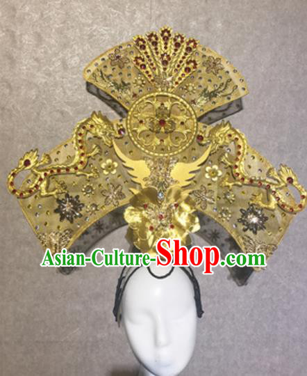 Traditional Chinese Court Deluxe Golden Dragon Hat Headdress Handmade Catwalks Stage Show Hair Accessories for Women