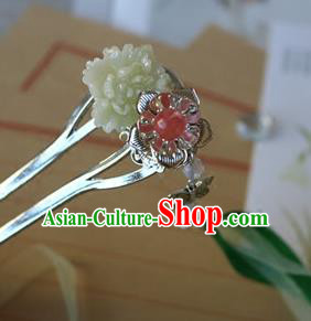 Traditional Chinese Palace Carving Green Peony Hairpin Headdress Ancient Court Hair Accessories for Women