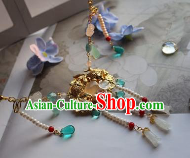 Traditional Chinese Handmade Tassel Golden Necklace Ancient Hanfu Pearls Necklet Accessories for Women