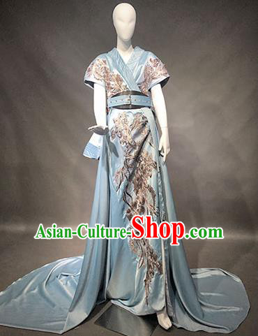 Top Grade Modern Dance Compere Blue Full Dress Catwalks Embroidered Costume for Women