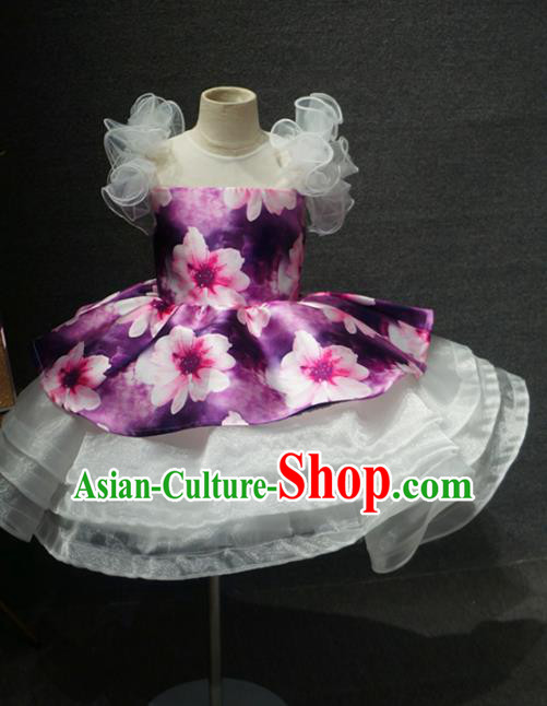 Top Grade Children Birthday Purple Printing Bubble Short Dress Catwalks Stage Show Princess Costume for Kids