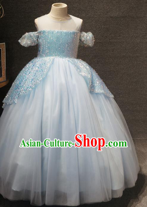 Top Grade Children Princess Blue Full Dress Catwalks Stage Show Birthday Costume for Kids