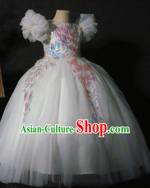 Top Grade Children Princess Sequins White Full Dress Catwalks Stage Show Birthday Costume for Kids