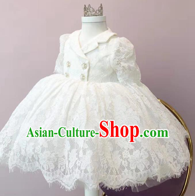 Top Grade Children Princess White Lace Dress Catwalks Stage Show Birthday Costume for Kids