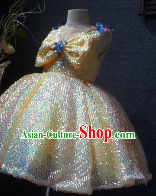 Top Grade Children Princess Yellow Sequins Dress Catwalks Stage Show Birthday Costume for Kids