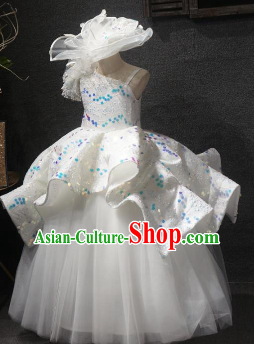 Top Grade Children Piano Performance White Full Dress Catwalks Stage Show Birthday Costume for Kids