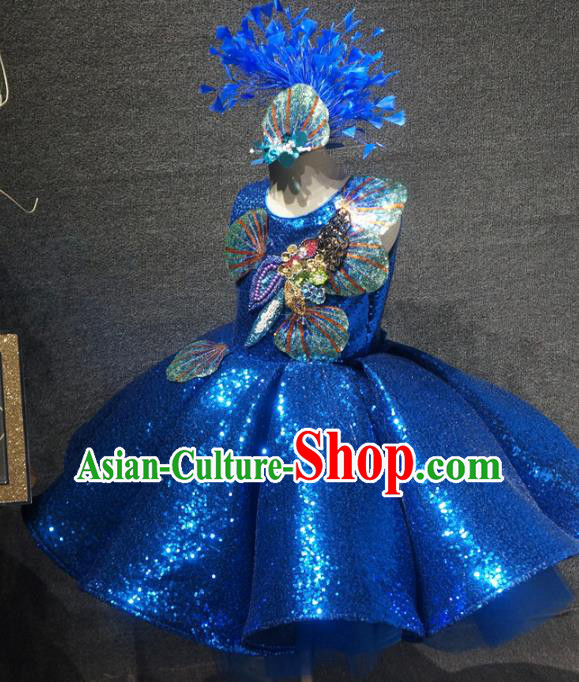 Top Grade Children Modern Dance Royalblue Short Dress Catwalks Stage Show Birthday Costume for Kids