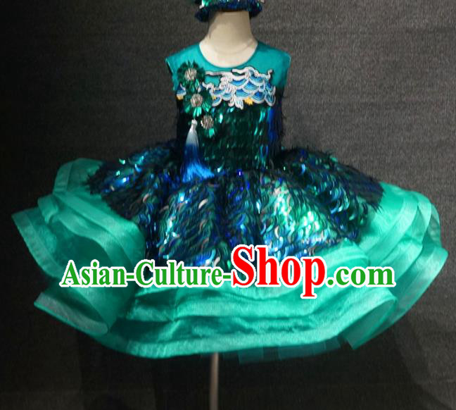 Top Grade Children Day Performance Green Sequins Short Dress Catwalks Stage Show Birthday Costume for Kids