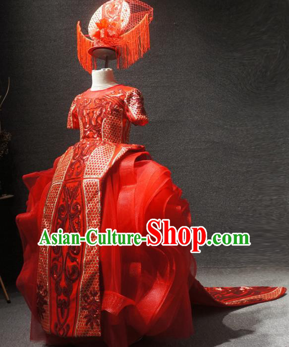 Traditional Chinese Compere Embroidered Red Dress Catwalks Stage Show Costume for Kids