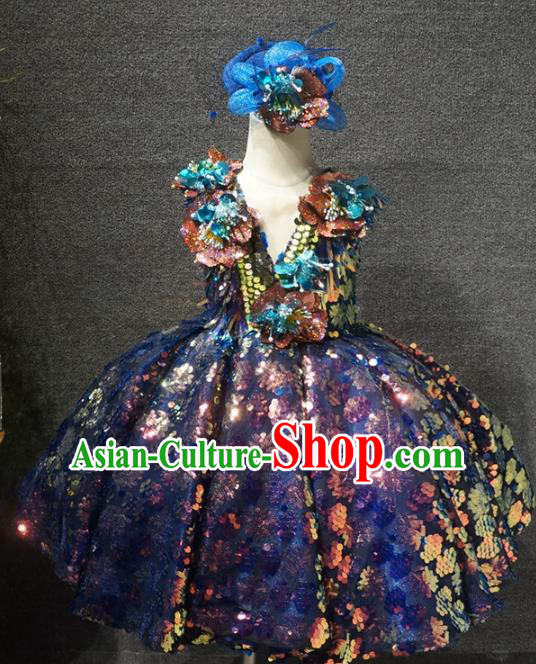 Top Grade Children Day Performance Deep Blue Sequins Short Dress Catwalks Stage Show Birthday Costume for Kids