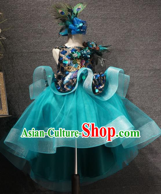 Top Grade Children Day Performance Green Short Dress Catwalks Stage Show Birthday Costume for Kids