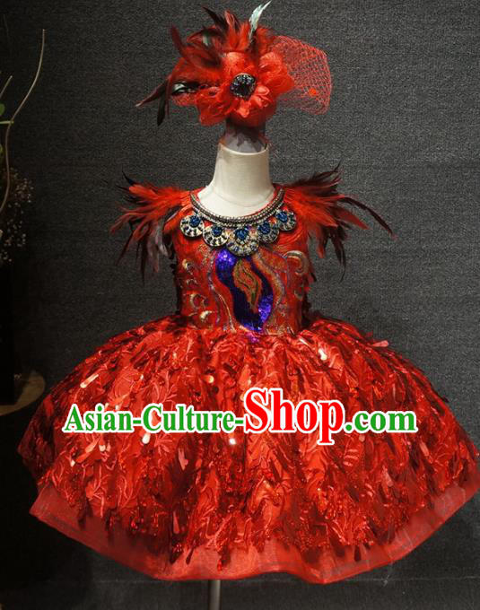 Traditional Chinese Compere Red Feather Short Dress Catwalks Stage Show Costume for Kids