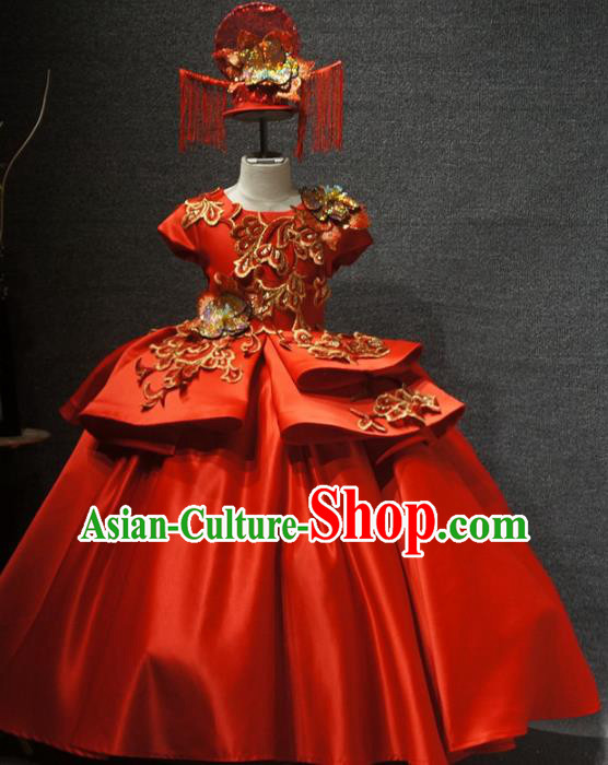 Traditional Chinese New Year Compere Red Full Dress Catwalks Stage Show Costume for Kids