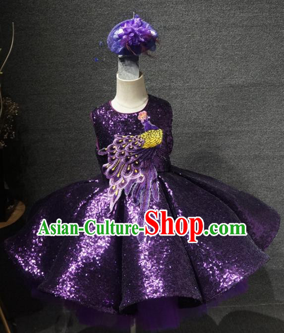 Top Grade Children Day Performance Embroidered Peacock Purple Short Dress Catwalks Stage Show Birthday Costume for Kids