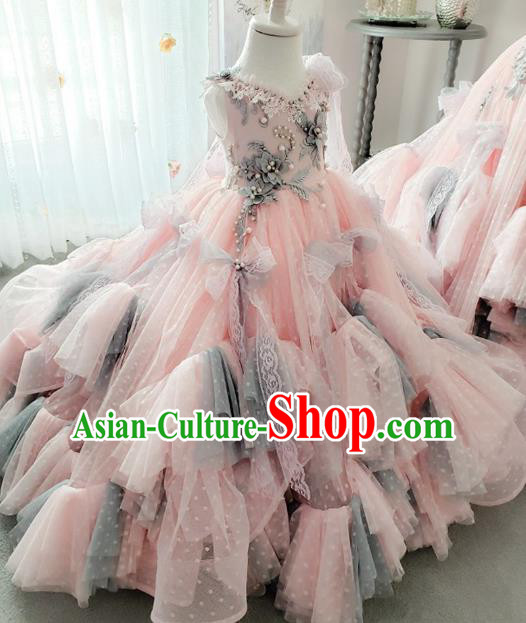 Top Grade Children Day Performance Pink Veil Full Dress Catwalks Stage Show Birthday Costume for Kids