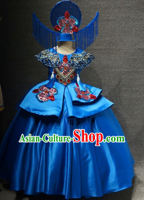 Traditional Chinese Compere Royalblue Full Dress Catwalks Stage Show Costume for Kids