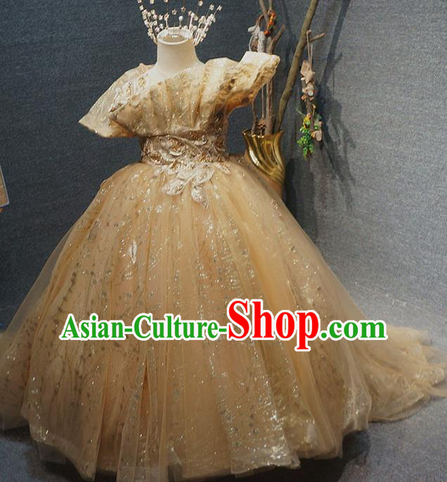 Top Children Compere Champagne Full Dress Catwalks Princess Stage Show Birthday Costume for Kids