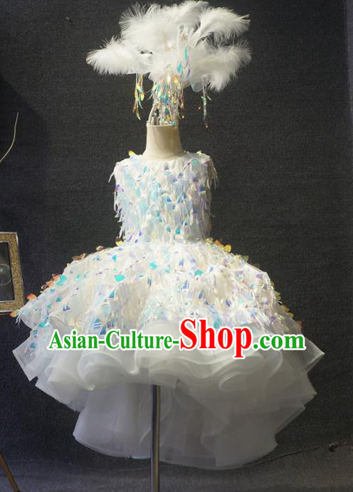 Top Grade Children Day Dance Performance Sequins White Dress Catwalks Stage Show Birthday Costume for Kids