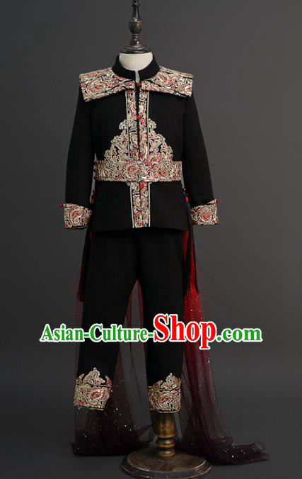 Traditional Chinese Children Catwalks Black Tang Suit Compere Stage Performance Costume for Kids