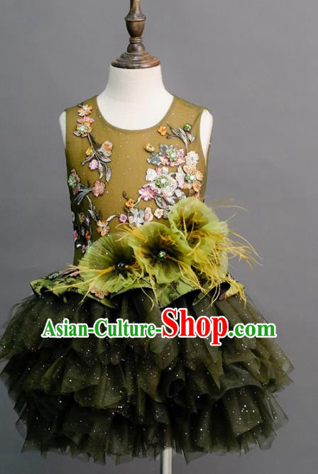 Top Children Compere Olive Green Short Full Dress Catwalks Princess Stage Show Dance Costume for Kids