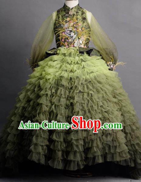 Top Children Compere Green Veil Full Dress Catwalks Princess Stage Show Dance Costume for Kids