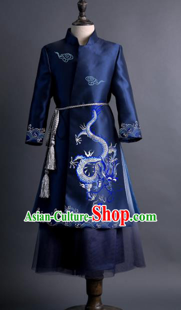 Traditional Chinese Children Classical Dance Embroidered Dragon Navy Tang Suit Compere Stage Performance Costume for Kids