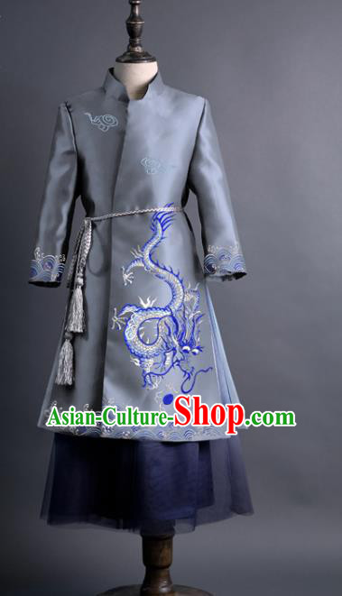 Traditional Chinese Children Classical Dance Embroidered Dragon Grey Tang Suit Compere Stage Performance Costume for Kids