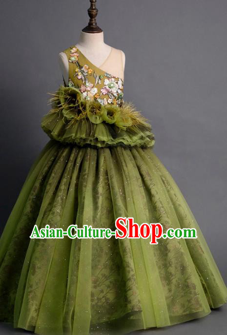 Top Children Princess Compere Green Veil Full Dress Catwalks Stage Show Dance Costume for Kids