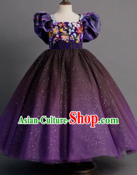 Top Children Princess Compere Purple Bubble Full Dress Catwalks Stage Show Dance Costume for Kids