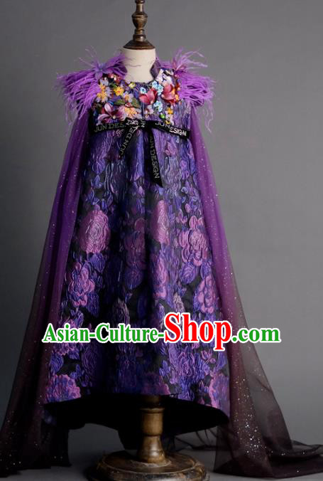 Top Children Princess Compere Purple Cloak Full Dress Catwalks Stage Show Dance Costume for Kids