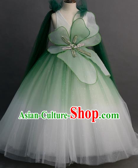 Top Children Fairy Princess Compere Light Green Full Dress Catwalks Stage Show Dance Costume for Kids