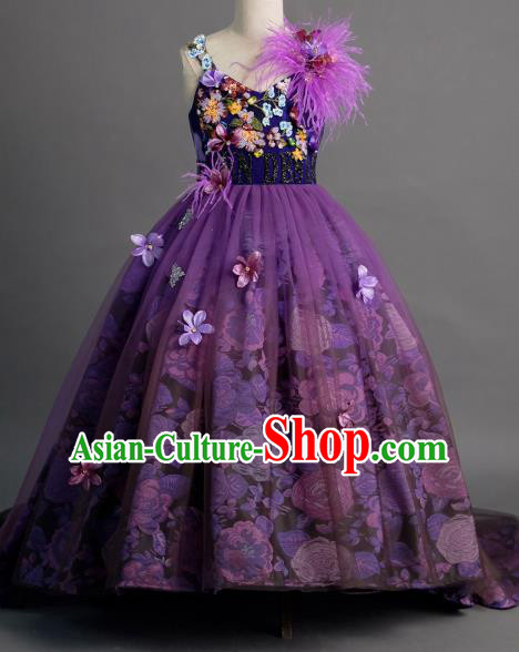 Top Children Fairy Princess Compere Purple Full Dress Catwalks Stage Show Dance Costume for Kids