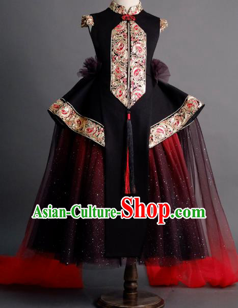 Traditional Chinese Catwalks Chorus Embroidered Black Full Dress Compere Stage Performance Costume for Kids