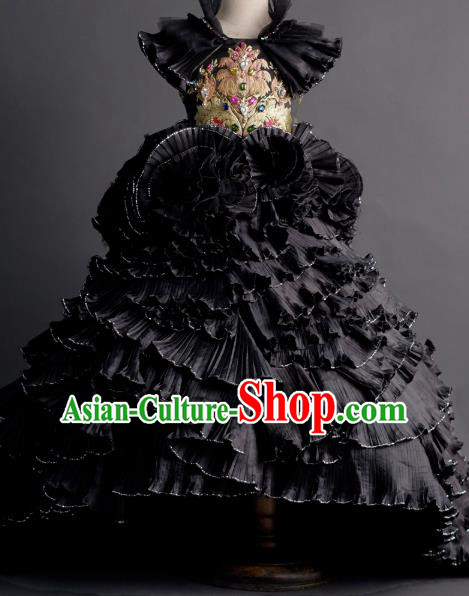 Top Children Cosplay Queen Black Full Dress Catwalks Compere Stage Show Dance Costume for Kids